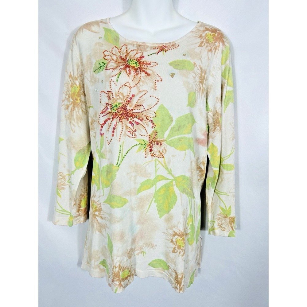 Lucia‎ Burns Silk Blend Tunic Top Womens 1X Beaded Floral Boho Forest Fairy Y2K
